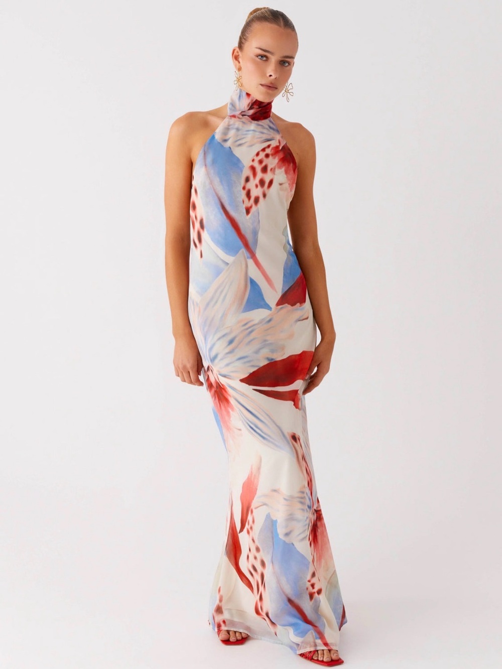 NWT Peppermayo Halter Floral Maxi Dress White Red Blue Open Back Size 4